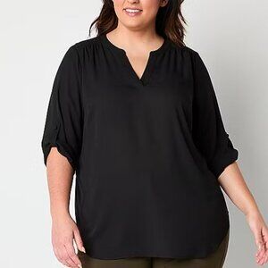 Worthington Women's 1X PLUS Solid Black Semi-Sheer Career Casual Roll Tab Blouse